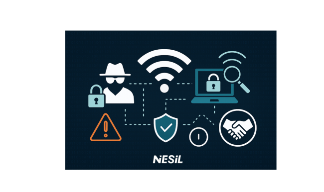 Bir IT uzmanı, elindeki laptop ve özel bir analiz cihazı ile ofis ortamında kablosuz ağ testi yapıyor ve Wi-Fi sinyal gücünü ölçüyor.