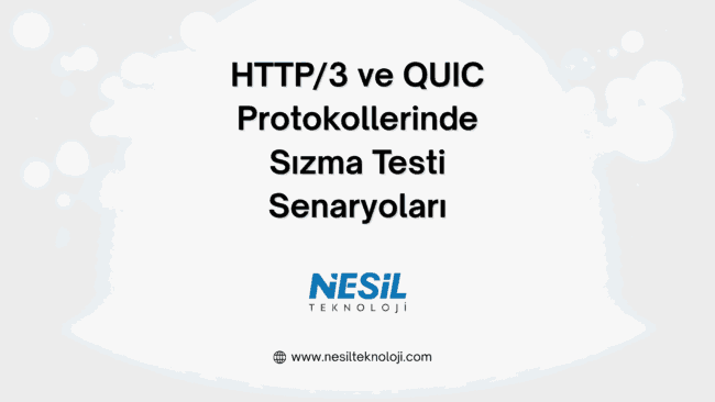 HTTP/3 ve QUIC protokollerinde sızma testi senaryolarını konu alan Nesil Teknoloji’ye ait tanıtım görseli. Arka planda modern ağ güvenliği temalı grafikler yer almakta.
