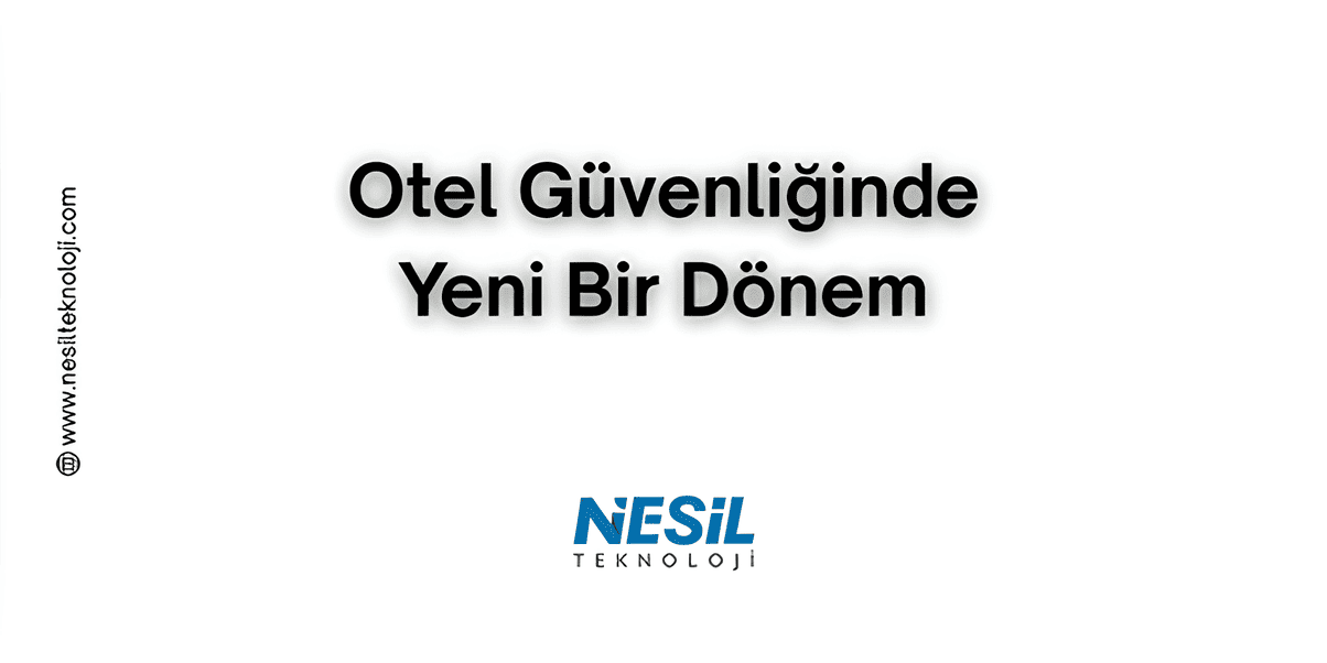 Beyaz arka plana sahip sade bir sunum slaytı. Ortada, büyük ve kalın harflerle "Otel Güvenliğinde Yeni Bir Dönem" yazısı bulunuyor. Slaytın sağ alt tarafında Nesil Teknoloji logosu ve sol kenarında dikey olarak yazılmış $$[www.nesilteknoloji.com](https://www.nesilteknoloji.com)$$Bu görsel, otel güvenliği konusundaki yenilikleri veya önemli değişimleri duyurmayı amaçlayan bir sunumun başlık slaytını göstermektedir. Slaytın basit ve temiz tasarımı, mesajın netliğini artırmaktadır. Ana başlık, otelcilik sektöründe misafir ve veri güvenliği, fiziksel güvenlik veya siber güvenlik alanında önemli bir gelişmeye veya yeni bir yaklaşıma işaret etmektedir. Slaytın alt kısmında Nesil Teknoloji logosu, sol kenarında ise web sitesi adresi yer alarak, sunumu hazırlayan kuruluşu belirtmektedir.