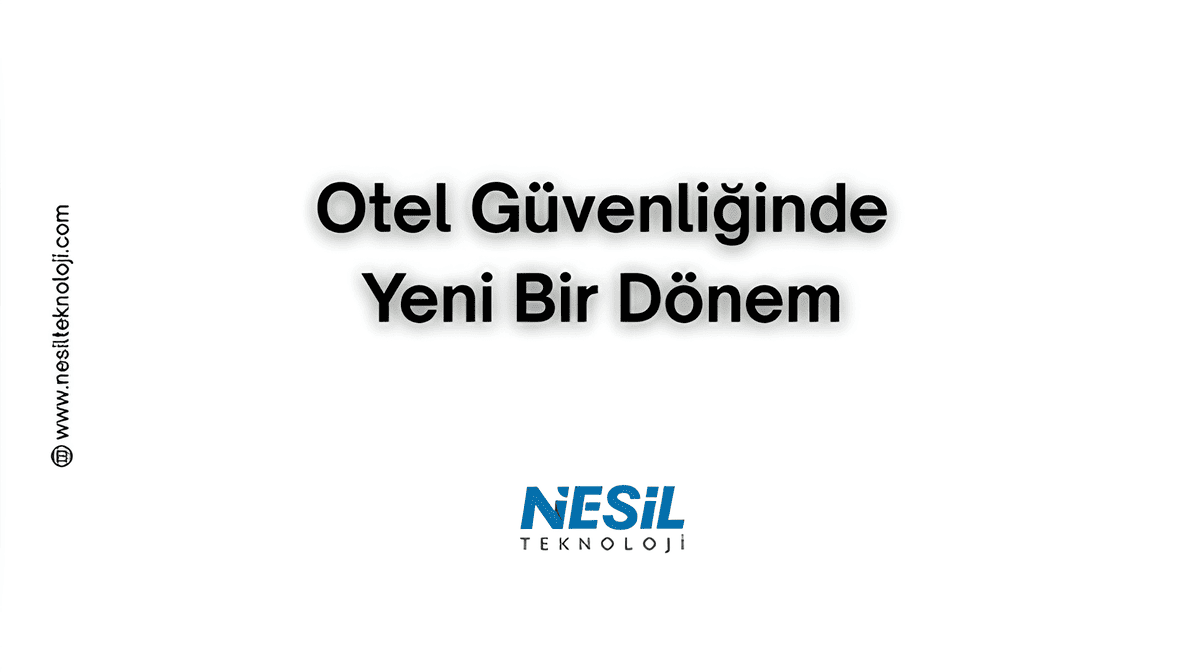 Beyaz arka plana sahip sade bir sunum slaytı. Ortada, büyük ve kalın harflerle "Otel Güvenliğinde Yeni Bir Dönem" yazısı bulunuyor. Slaytın sağ alt tarafında Nesil Teknoloji logosu ve sol kenarında dikey olarak yazılmış $$[www.nesilteknoloji.com](https://www.nesilteknoloji.com)$$Bu görsel, otel güvenliği konusundaki yenilikleri veya önemli değişimleri duyurmayı amaçlayan bir sunumun başlık slaytını göstermektedir. Slaytın basit ve temiz tasarımı, mesajın netliğini artırmaktadır. Ana başlık, otelcilik sektöründe misafir ve veri güvenliği, fiziksel güvenlik veya siber güvenlik alanında önemli bir gelişmeye veya yeni bir yaklaşıma işaret etmektedir. Slaytın alt kısmında Nesil Teknoloji logosu, sol kenarında ise web sitesi adresi yer alarak, sunumu hazırlayan kuruluşu belirtmektedir.