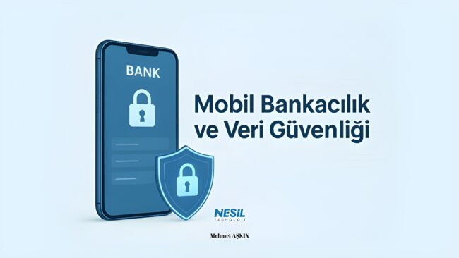 Açık mavi tonlarında, dijital güvenliği simgeleyen bir görsel. Koyu mavi renkte bir akıllı telefon üzerinde kilitli bir bankacılık uygulaması ekranı görülüyor. Telefonun önünde, üzerinde kilit simgesi bulunan bir kalkan var.