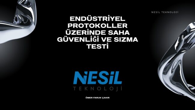 Endüstriyel Siber Güvenlik: Protokol Sızma Testi Endüstriyel Protokoller Üzerinde Saha Güvenliği ve Sızma Testi başlıklı sunum kapağı. Koyu siyah arka planda krom ve metalik yansımalar içeren soyut görsellerle modern bir tasarım oluşturulmuştur.