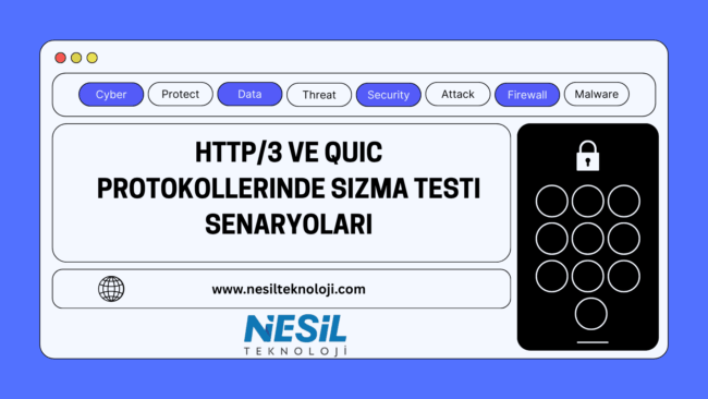HTTP/3 ve QUIC Protokollerinde Sızma Testi Senaryoları Beyaz ve mavi renklerin hakim olduğu bir sunum slaytı. Slaytın üst kısmında "Cyber", "Protect", "Data", "Threat", "Security", "Attack", "Firewall", "Malware" gibi kelimelerin olduğu etiketler var. Ana başlık "HTTP/3 VE QUIC PROTOKOLLERİNDE SIZMA TESTİ SENARYOLARI" olarak yazılmış. Slaytın sağında kilitli bir cep telefonu ekranı simgesi, altında ise Nesil Teknoloji logosu ve web sitesi adresi ($$www.nesilteknoloji.com/$$) yer alıyor.