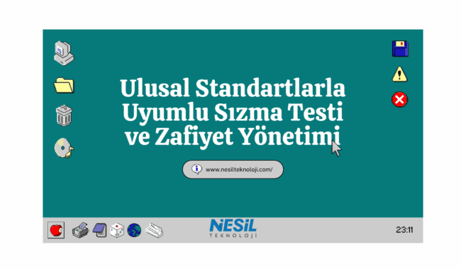 Ulusal Standartlarla Uyumlu Sızma Testi ve Zafiyet Yönetimi Windows 95 tarzı bir arayüzde Ulusal Standartlarla Uyumlu Sızma Testi ve Zafiyet Yönetimi sunum başlığı. Sol tarafta eski tarz bilgisayar, klasör ve geri dönüşüm kutusu ikonları bulunuyor. Sağ üst köşede disket ve hata uyarı ikonları mevcut. Altta ise Nesil Teknoloji logosu ve bir web sitesi adresi yer alıyor.
