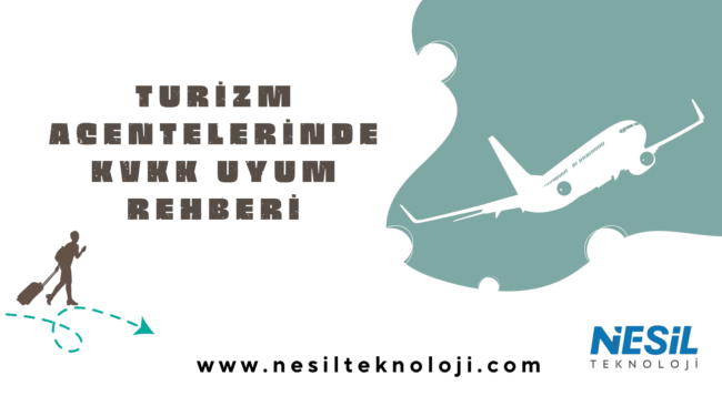 Başlık Turizm Acentelerinde KVKK Uyum Rehberi Altyazı Beyaz ve yeşilimsi mavi tonlarında, seyahat temalı çizimlerle süslenmiş bir sunum slaytı. Başlıkta "TURİZM ACENTELERİNDE KVKK UYUM REHBERİ" yazısı yer alıyor. Alternatif Metin Beyaz arka plan üzerine sağ üst köşede yeşilimsi mavi renkte, uçağı çevreleyen dekoratif bir bulut/şekil bulunan bir slayt. Başlık, kahverengi renkte büyük harflerle TURİZM ACENTELERİNDE KVKK UYUM REHBERİ olarak yazılmış.