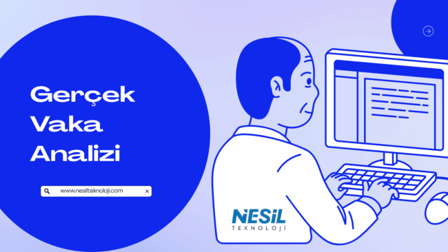 Açık ve koyu mavi tonlarının kullanıldığı, minimalist çizim stilinde bir sunum slaytı. Sağ tarafta, bir masa başında bilgisayar klavyesini kullanan, önlüklü bir profesyonel figürü illüstrasyonu bulunuyor. Slaytın sol tarafındaki büyük mavi daire içinde Gerçek Vaka Analizi başlığı ve arama çubuğu şeklinde $$[www.nesilteknoloji.com](https://www.nesilteknoloji.com)$$