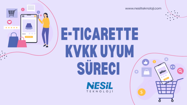 E-ticarette KVKK Uyum Süreci Açık mor/lavanta rengi bir arka plana sahip, dijital alışveriş temalı canlı bir illüstrasyon. Slaytın solunda bir akıllı telefonla alışveriş yapan kadın figürü, sağında ise içinde ürün olan bir alışveriş sepeti ve çeşitli e-ticaret ikonları bulunuyor.