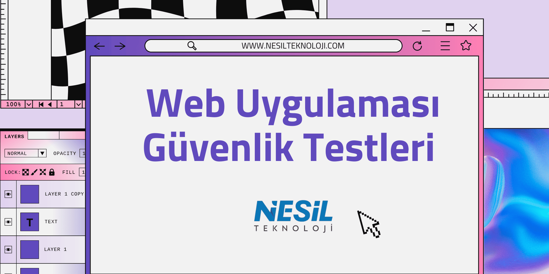 Web Uygulaması Güvenlik Testleri Açık pembe, mor ve turuncu renklerin kullanıldığı, retro bilgisayar ve grafik tasarım arayüzü temalı dinamik bir sunum slaytı. Ortada tarayıcı penceresi içinde büyük harflerle Web Uygulaması Güvenlik Testleri başlığı yazıyor