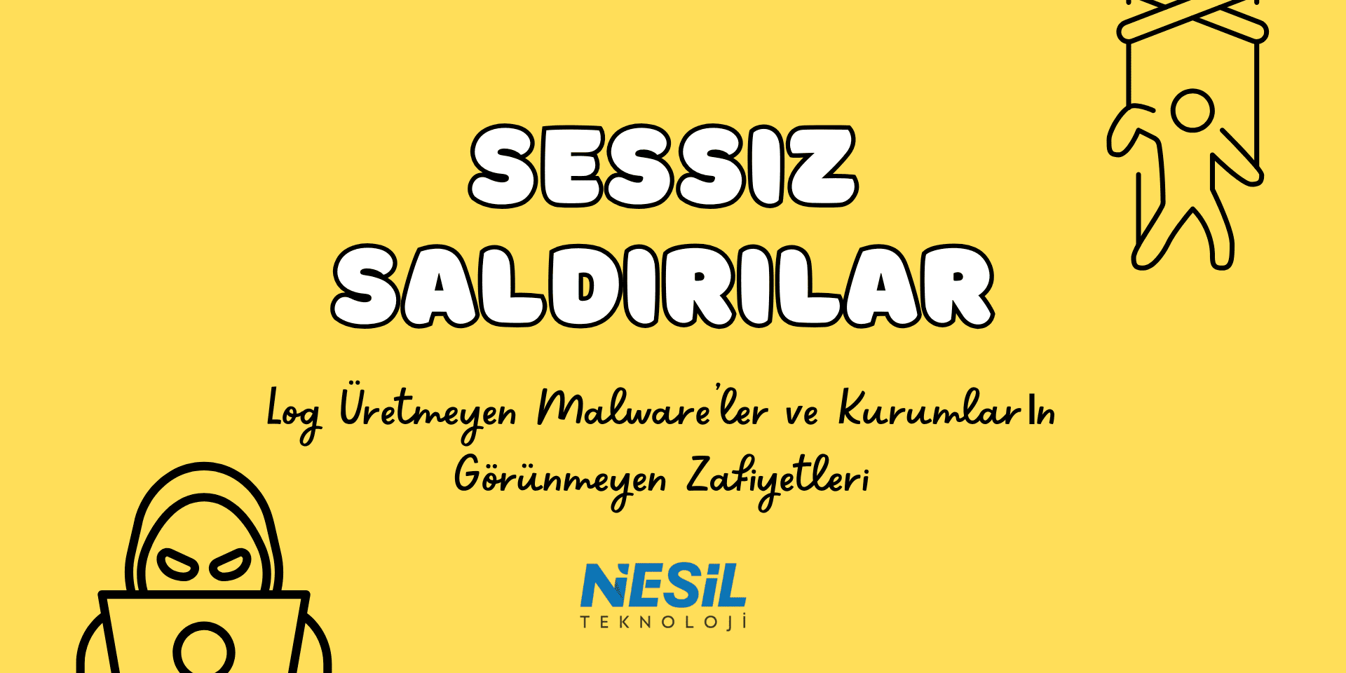 Sessiz SaldIrIlar Kırmızı, beyaz ve pop-art tarzı sarı/mavi noktalarla süslenmiş dinamik bir arka plan. Ön planda büyük harflerle SİBER SALDIRILARIN YENİ YÜZÜ başlığı ve alt başlık olarak Yapay Zekâ Destekli Tehditler ve KVKK Kapsamında Kurumların Alması Gereken Önlemler yazısı yer alıyor. Slaytın yanlarında iki adet megafon çizimi ve patlama/ünlem işaretleri görülmektedir. En altta NESİL TEKNOLOJİ logosu yer almaktadır.