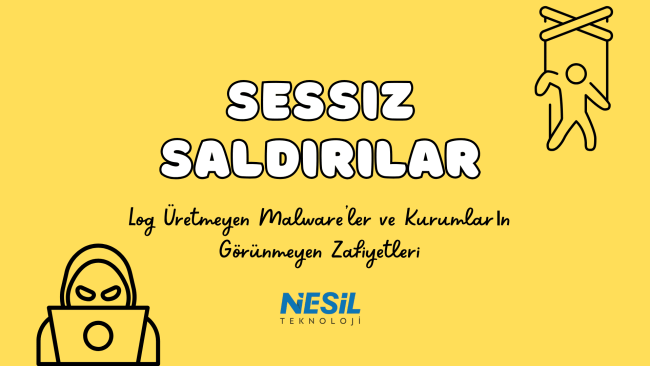 Kırmızı, beyaz ve pop-art tarzı sarı/mavi noktalarla süslenmiş dinamik bir arka plan. Ön planda büyük harflerle SİBER SALDIRILARIN YENİ YÜZÜ başlığı ve alt başlık olarak Yapay Zekâ Destekli Tehditler ve KVKK Kapsamında Kurumların Alması Gereken Önlemler yazısı yer alıyor. Slaytın yanlarında iki adet megafon çizimi ve patlama/ünlem işaretleri görülmektedir. En altta NESİL TEKNOLOJİ logosu yer almaktadır.