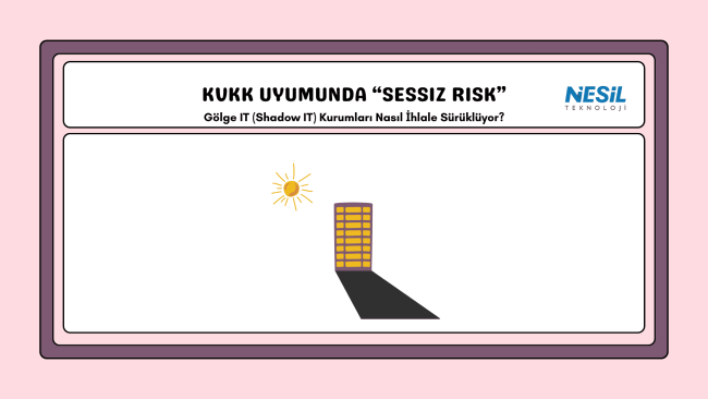 Pembe bir çerçeve içinde, minimalist bir illüstrasyon içeren sunum slaytı. Görselin merkezinde güneşin vurduğu yüksek bir bina ve binanın yere düşen uzun, karanlık gölgesi yer alıyor. Üst bölümde siyah harflerle "KVKK UYUMUNDA 'SESSİZ RİSK'" başlığı ve altında "Gölge IT (Shadow IT) Kurumları Nasıl İhlale Sürüklüyor?" sorusu yazılı. Sağ üst köşede NESİL TEKNOLOJİ logosu yer almaktadır.