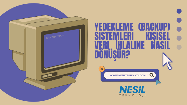 Nostaljik, retro bir bilgisayar monitörü illüstrasyonunun bulunduğu bej ve mor tonlarında sunum slaytı. Monitörün mavi ekranında Japonca karakterler yer alıyor. Sağ tarafta büyük, kalın mavi harflerle "YEDEKLEME (BACKUP) SİSTEMLERİ KİŞİSEL VERİ İHLALİNE NASIL DÖNÜŞÜR?" sorusu yazılı. Alt kısımda bir arama çubuğu içinde NESİL TEKNOLOJİ web adresi ve logosu görülmektedir.