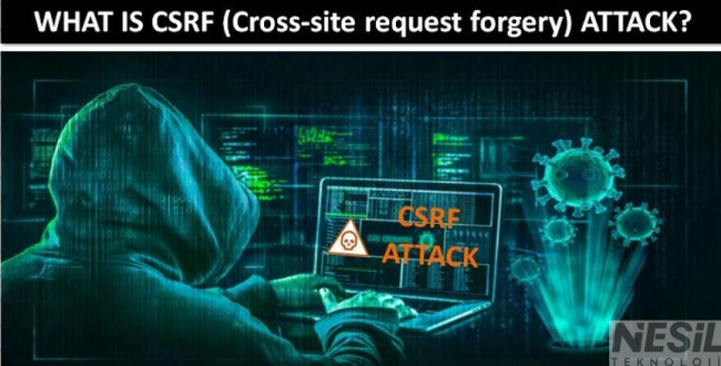 Kapüşonlu bir siber korsanın bilgisayar başında olduğu, üzerinde 'CSRF ATTACK' yazan siber güvenlik temalı görsel