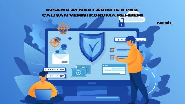 İnsan kaynakları departmanında çalışan verilerinin ve özlük dosyalarının KVKK uyumlu, güvenli ve şifreli sistemlerle yönetilmesini temsil eden bir ofis ortamı.