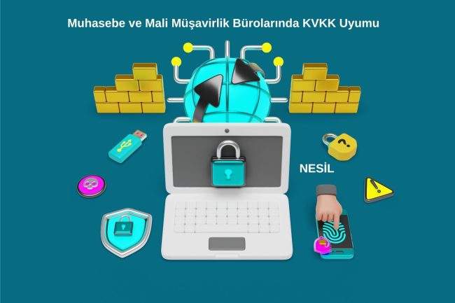 Muhasebe ve mali müşavirlik büroları için KVKK uyumu ve veri güvenliğini temsil eden dijital güvenlik ikonları, kilitli laptop ve parmak izi okuyucu görseli.