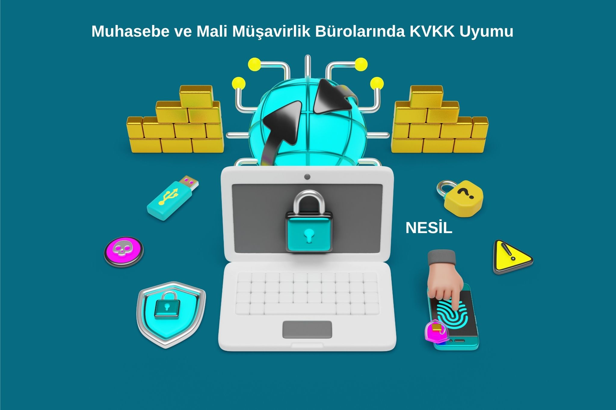 Muhasebe ve mali müşavirlik büroları için KVKK uyumu ve veri güvenliğini temsil eden dijital güvenlik ikonları, kilitli laptop ve parmak izi okuyucu görseli.
