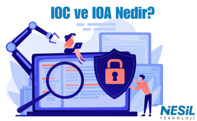 IOC (İhlal Göstergesi) ve IOA (Saldırı Göstergesi) arasındaki farkları gösteren infografik tasarımı.