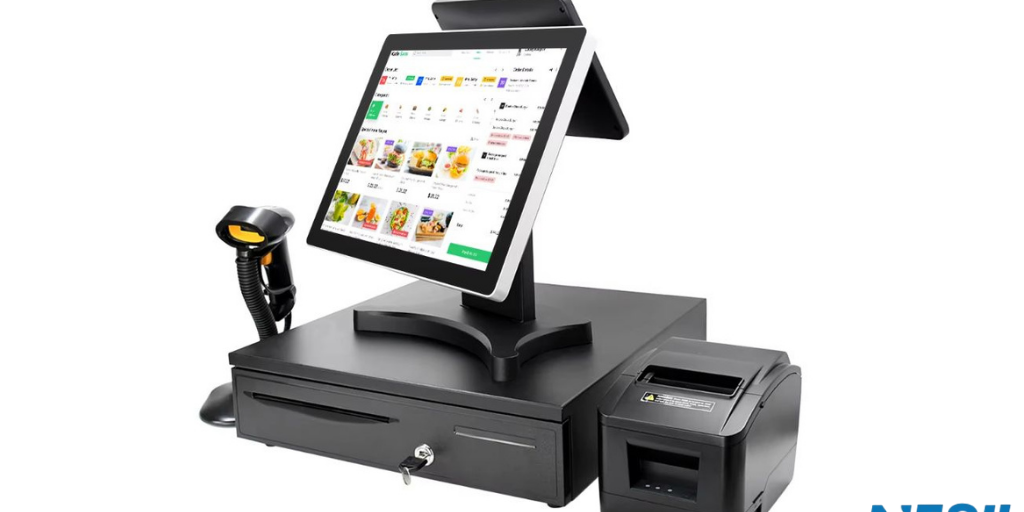 Perakende Sektöründe POS ve Ödeme Sistemleri Güvenlik Testi Dokunmatik ekranlı ana terminal, barkod okuyucu, nakit çekmecesi ve fiş yazıcısından oluşan, Nesil Teknoloji logolu, perakende sektörüne yönelik bir POS (Point of Sale) donanım seti.