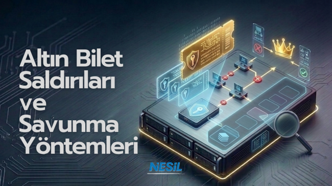 Kerberos Altın Bilet saldırısının çalışma mantığını gösteren teknik diyagram. KRBTGT hesabının NTLM hash'i kullanılarak sahte bilet oluşturulmasını temsil eder.