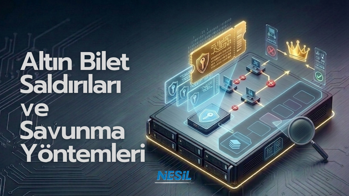 Kerberos Altın Bilet saldırısının çalışma mantığını gösteren teknik diyagram. KRBTGT hesabının NTLM hash'i kullanılarak sahte bilet oluşturulmasını temsil eder.