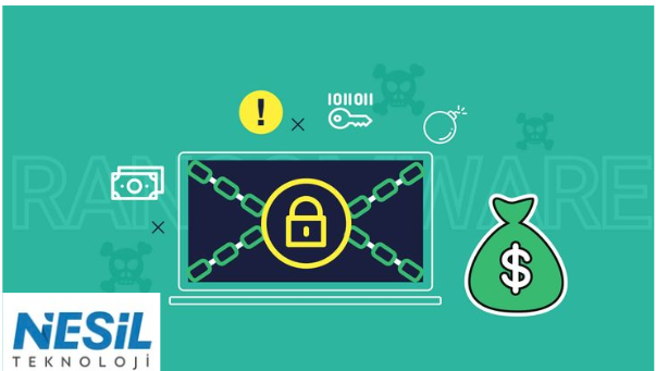 Yeşil bir arka plan üzerinde, zincirlenmiş ve kilitlenmiş bir dizüstü bilgisayar ekranı; yanında para çuvalı, anahtar, kurukafa ve bomba simgeleri bulunan fidye yazılımı (ransomware) temsil eden illüstrasyon. Sol alt köşede Nesil Teknoloji logosu yer alıyor.