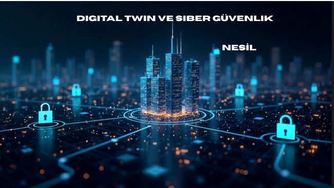 Akıllı şehir altyapısı üzerinde siber güvenlik kilit ikonlarıyla modellenmiş dijital ikiz siber güvenlik koruması.