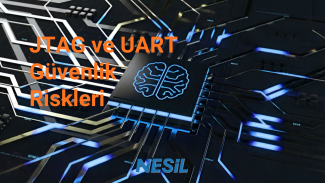 JTAG ve UART pinleri aracılığıyla donanım seviyesinde yetkisiz erişim ve firmware sızdırma risklerini temsil eden devre kartı ve işlemci görseli.
