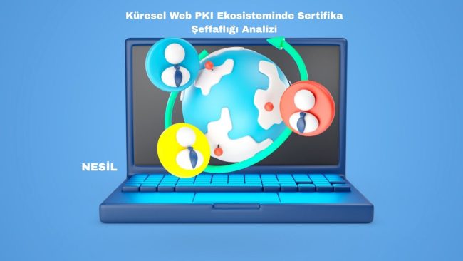 Küresel Web PKI Ekosisteminde Sertifika Şeffaflığı Analizi Mavi renkli bir dizüstü bilgisayar ekranında dünya küresi ve etrafındaki kullanıcı ikonlarıyla sembolize edilen küresel web PKI ekosistemi ve sertifika şeffaflığı analizi görseli.
