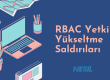Üzerinde dizüstü bilgisayar ve kalemlik illüstrasyonu bulunan, mavi arka planlı "RBAC Yetki Yükseltme Saldırıları" yazılı teknik eğitim görseli.