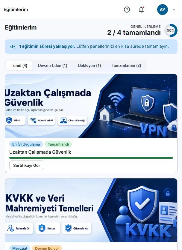 Nesil AI Akademi çalışan ekranında atanan eğitimler ve sertifika bağlantıları